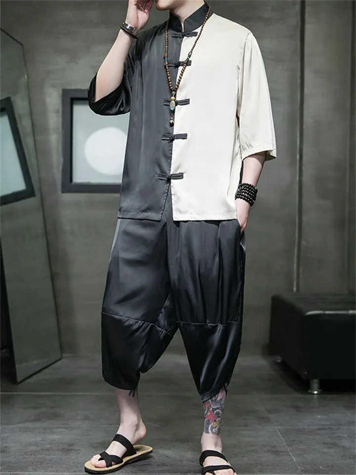 Male Color-blocked Shirt   Cropped Pants Silky Suits