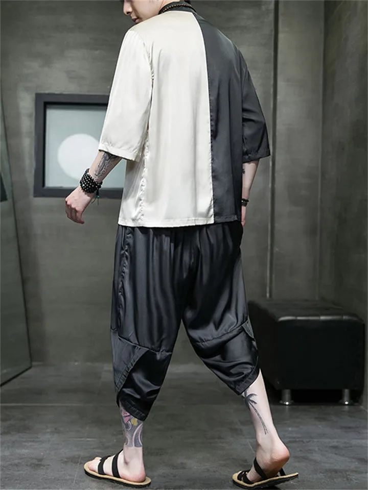 Male Color-blocked Shirt   Cropped Pants Silky Suits