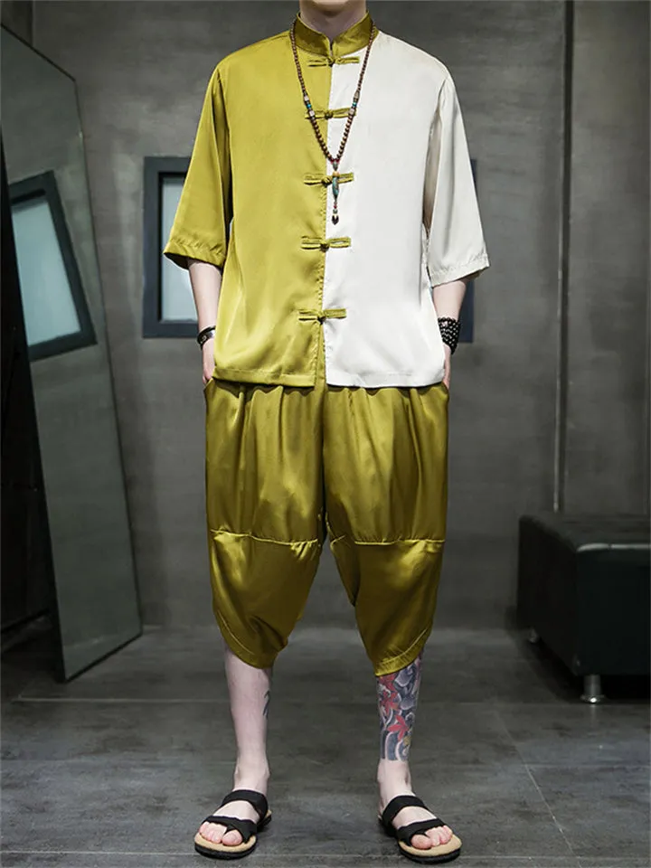 Male Color-blocked Shirt   Cropped Pants Silky Suits