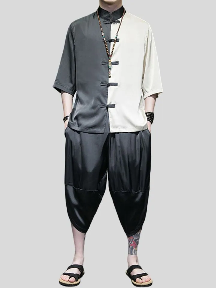 Male Color-blocked Shirt   Cropped Pants Silky Suits