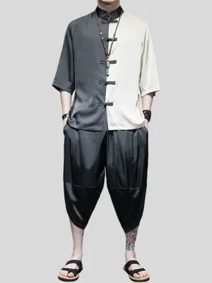 Male Color-blocked Shirt   Cropped Pants Silky Suits