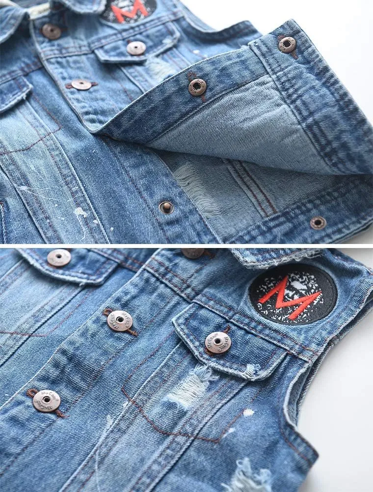 Mallimoda Boys Sleeveless Denim Jacket Girls Jean Vest Hoodies Kids Waistcoat Outerwear