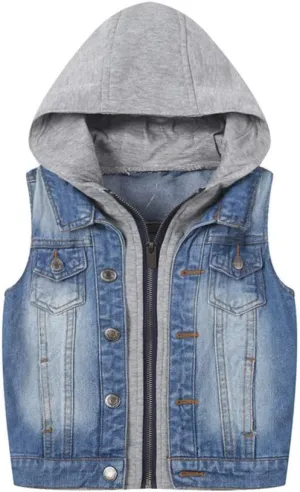 Mallimoda Boys Sleeveless Denim Jacket Girls Jean Vest Hoodies Kids Waistcoat Outerwear