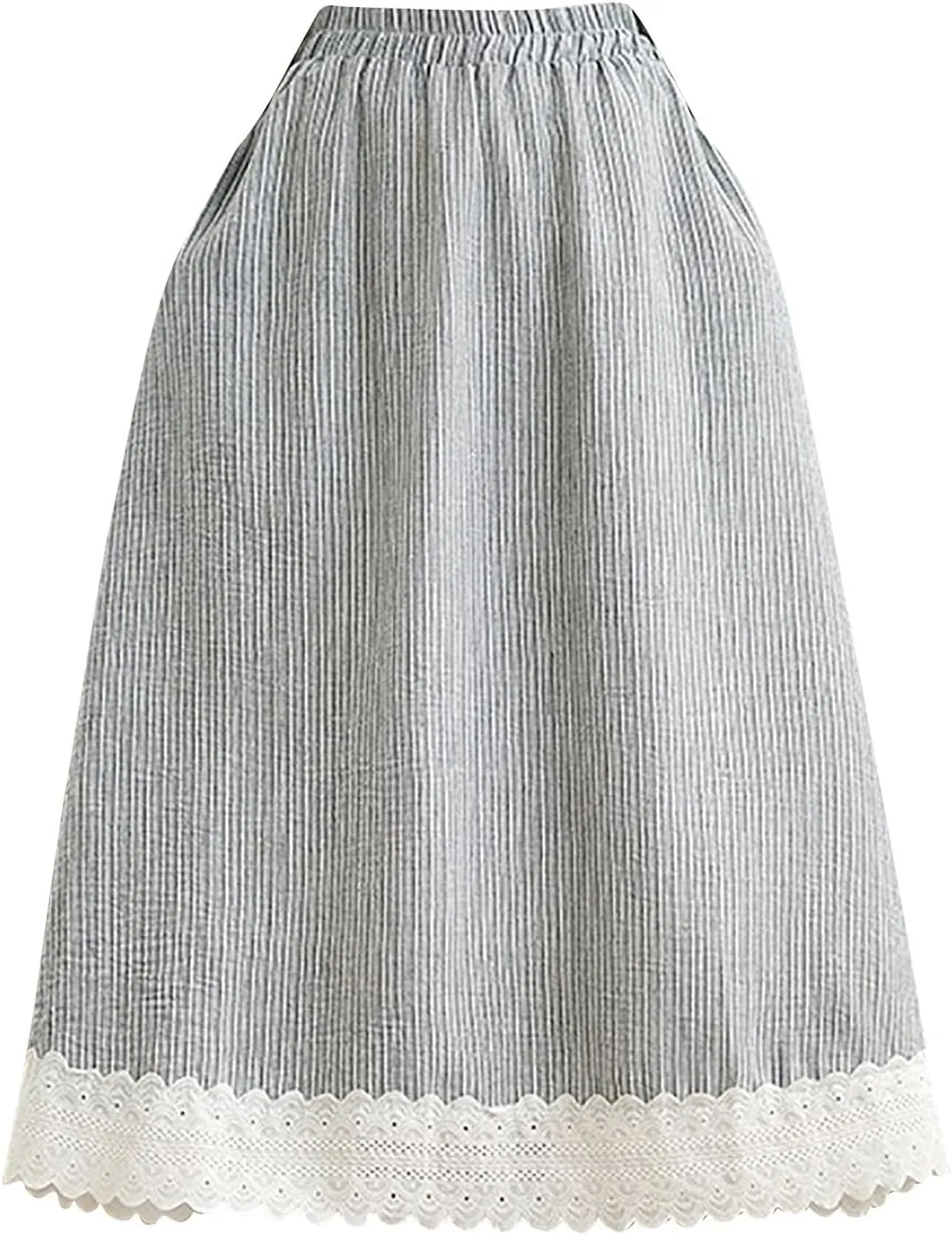 Maxi Skirts for Womens Trendy Lace Pachwork Hem Striped Mid Length Linen A-Line Skirt Boho Swing Dresses