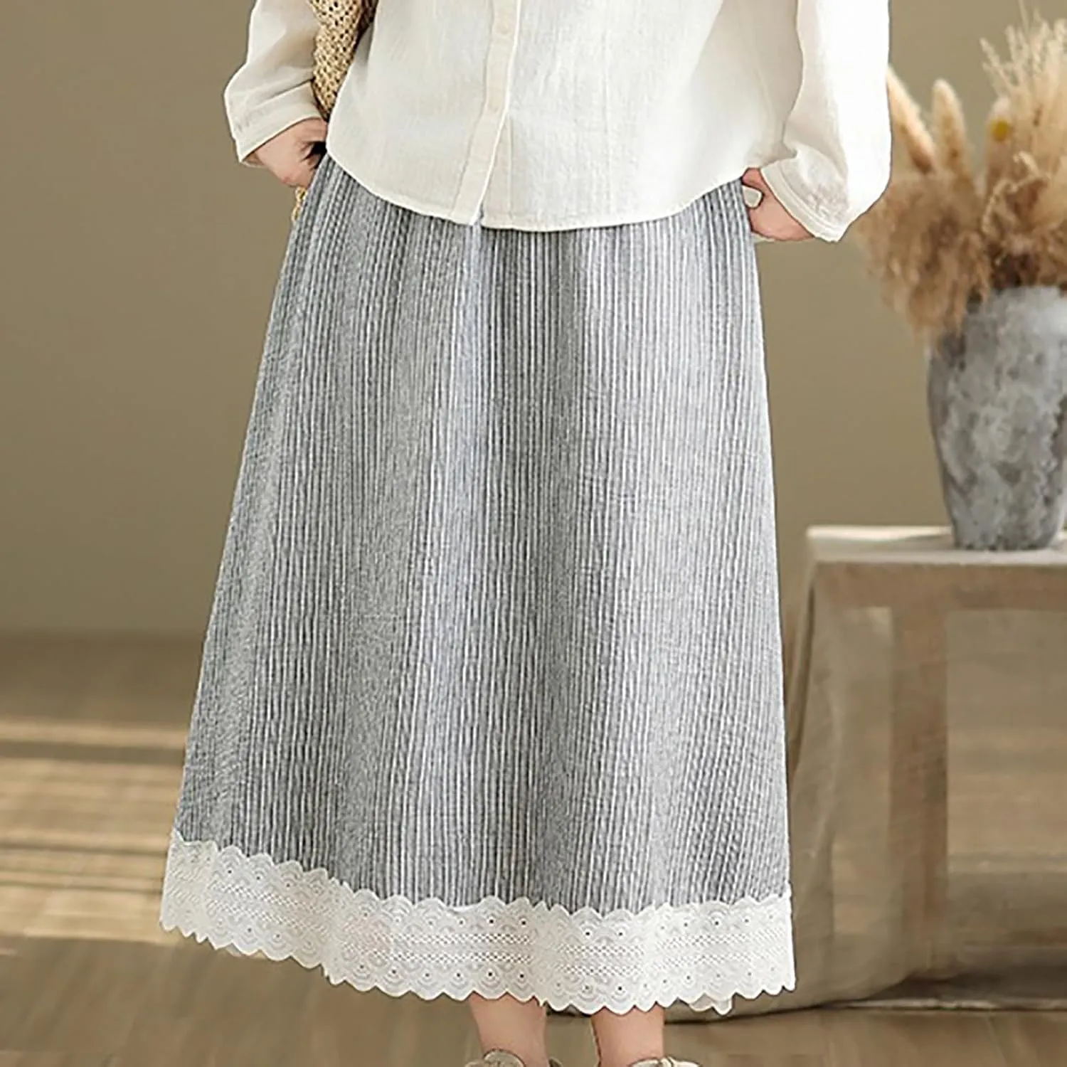 Maxi Skirts for Womens Trendy Lace Pachwork Hem Striped Mid Length Linen A-Line Skirt Boho Swing Dresses