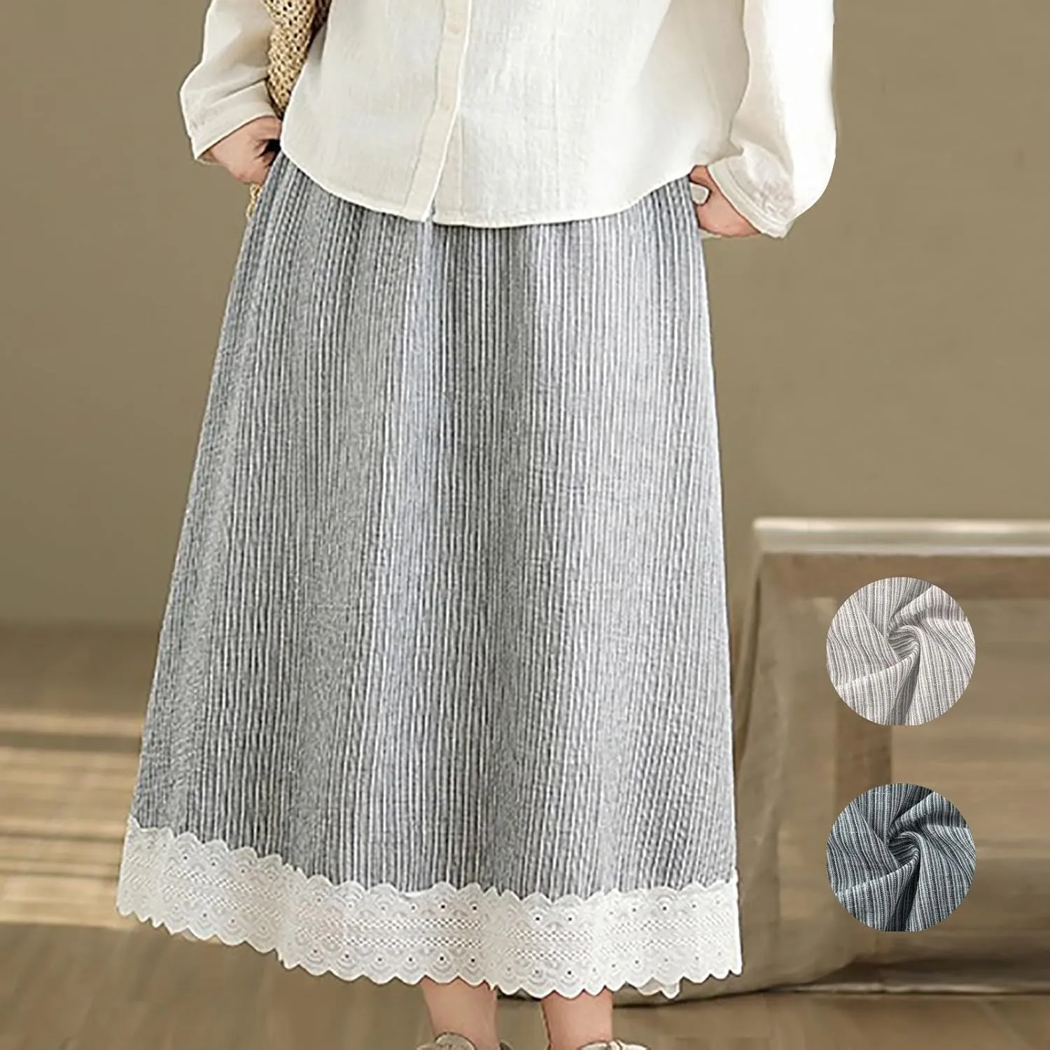 Maxi Skirts for Womens Trendy Lace Pachwork Hem Striped Mid Length Linen A-Line Skirt Boho Swing Dresses