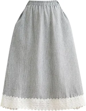 Maxi Skirts for Womens Trendy Lace Pachwork Hem Striped Mid Length Linen A-Line Skirt Boho Swing Dresses