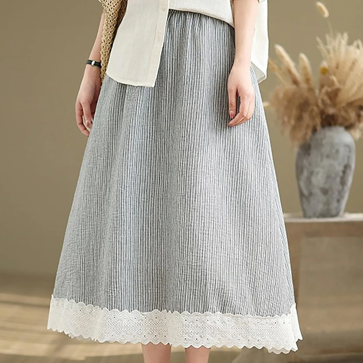 Maxi Skirts for Womens Trendy Lace Pachwork Hem Striped Mid Length Linen A-Line Skirt Boho Swing Dresses