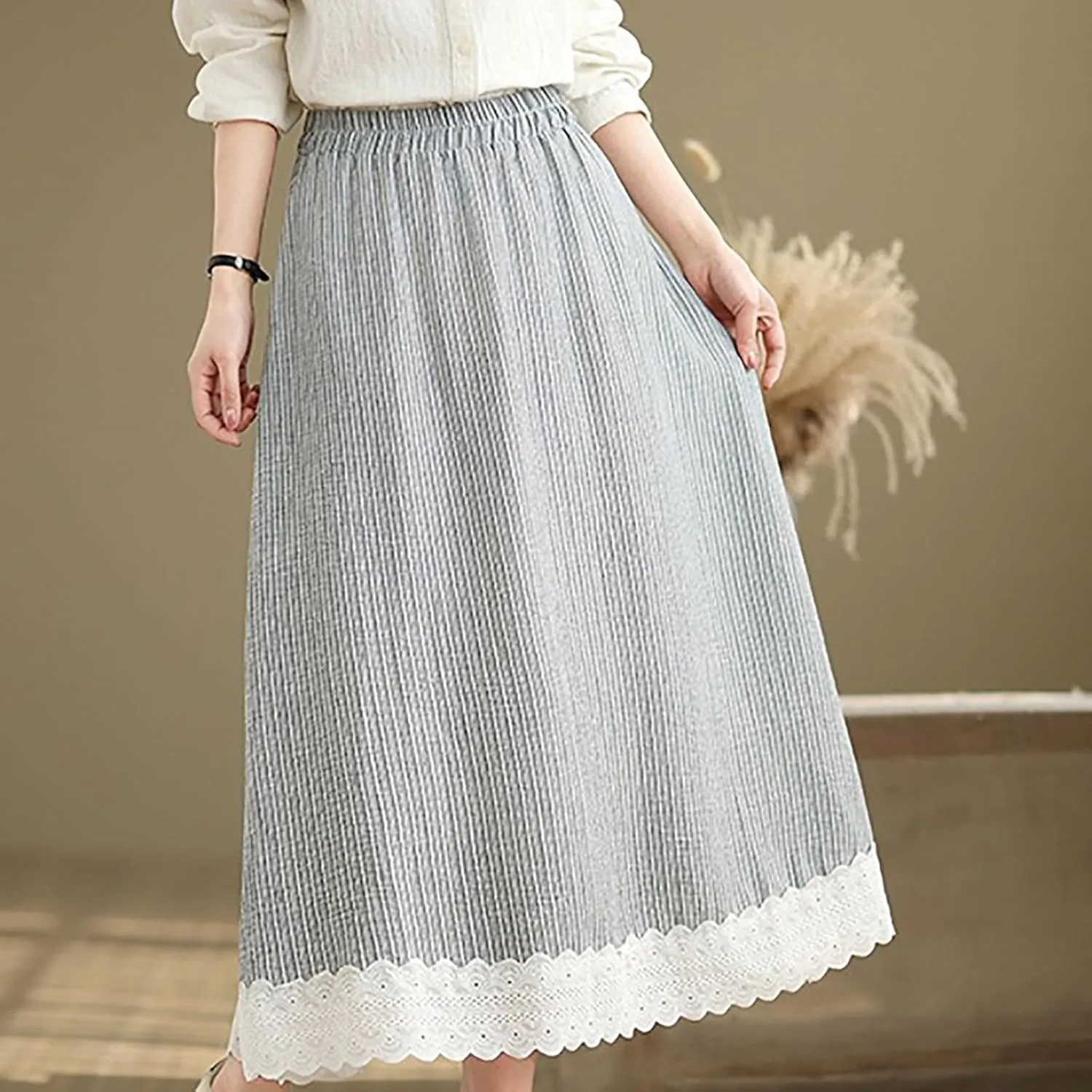 Maxi Skirts for Womens Trendy Lace Pachwork Hem Striped Mid Length Linen A-Line Skirt Boho Swing Dresses