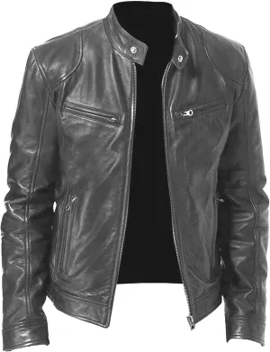 Men Faux Leather Biker Jackets Stand Collar Bomber Motorcycle Outwear Windbreaker Zip-up Slim Fit Jacket
