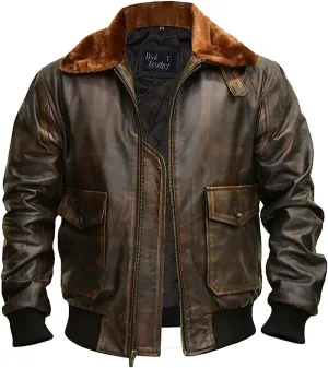 Mens A2 Aviator Cockpit Style Bomber Leather Jacket | Pilot Leather Jackets - G1 Fur Collar Flight Leather Jacket