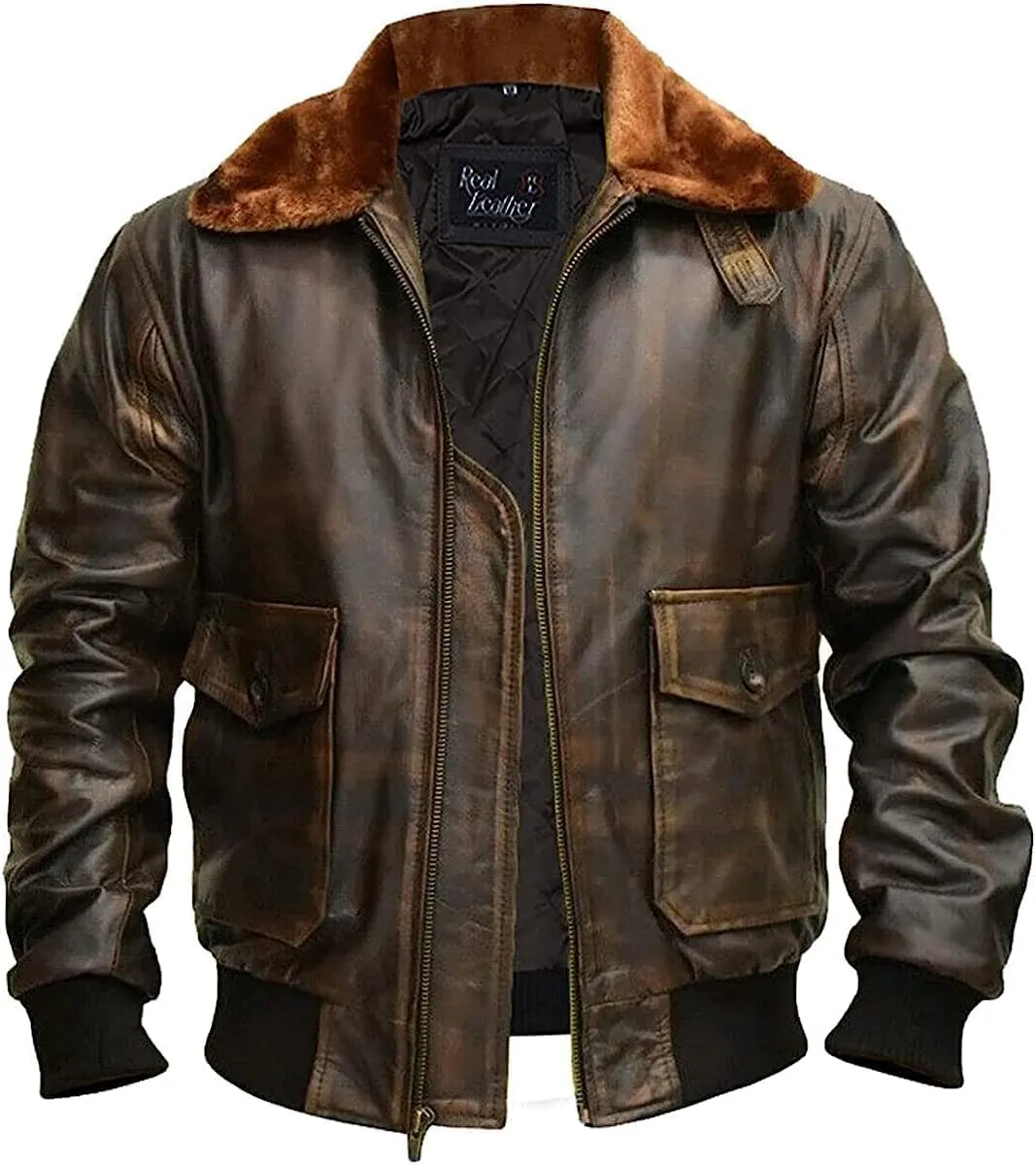 Mens A2 Aviator Cockpit Style Bomber Leather Jacket | Pilot Leather Jackets - G1 Fur Collar Flight Leather Jacket
