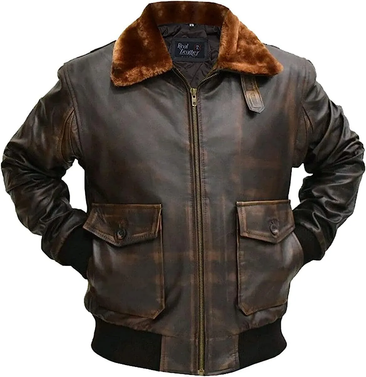 Mens A2 Aviator Cockpit Style Bomber Leather Jacket | Pilot Leather Jackets - G1 Fur Collar Flight Leather Jacket
