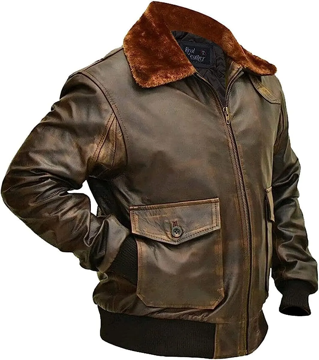 Mens A2 Aviator Cockpit Style Bomber Leather Jacket | Pilot Leather Jackets - G1 Fur Collar Flight Leather Jacket