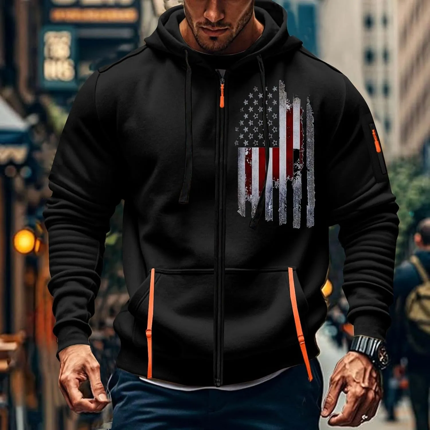 Mens America Hoodies 1/4 Zip Up Pullover Tactical Sweatshirt Vintage Long Sleeve Patriotism Usa Pockets Hoodie