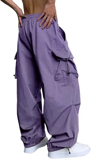 Mens Baggy Cargo Pants Loose Fit Trendy Multi Pocket Parachute Pants Elastic Waist Drawstring Streetwear Trousers