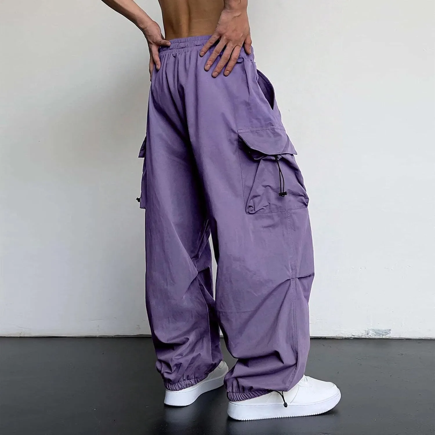 Mens Baggy Cargo Pants Loose Fit Trendy Multi Pocket Parachute Pants Elastic Waist Drawstring Streetwear Trousers