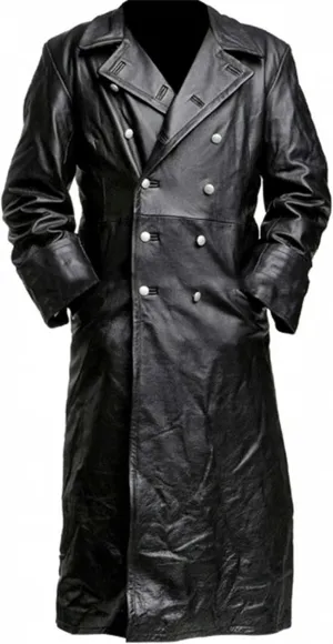 Mens Black Leather Jacket Coat Vintage German WW2 Officer Military Uniform Long Motorcycle Jakcet Trench Coat Jacket