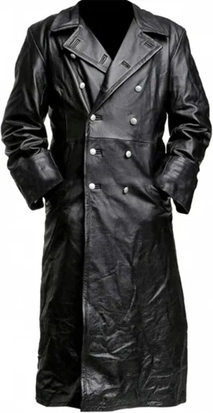 Mens Black Leather Jacket Coat Vintage German WW2 Officer Military Uniform Long Motorcycle Jakcet Trench Coat Jacket
