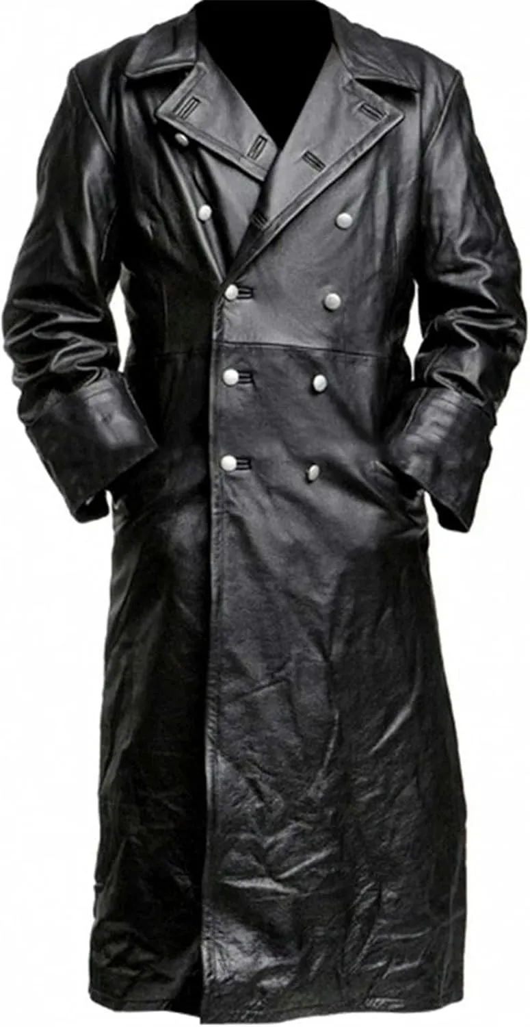 Mens Black Leather Jacket Coat Vintage German WW2 Officer Military Uniform Long Motorcycle Jakcet Trench Coat Jacket