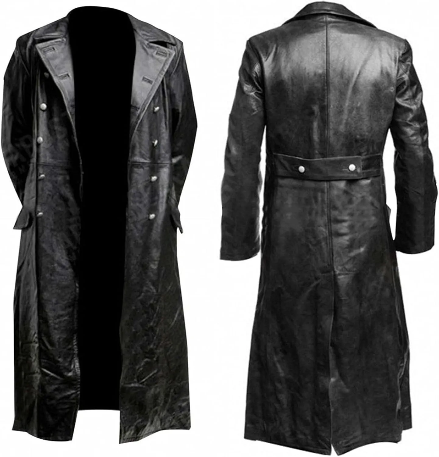 Mens Black Leather Jacket Coat Vintage German WW2 Officer Military Uniform Long Motorcycle Jakcet Trench Coat Jacket