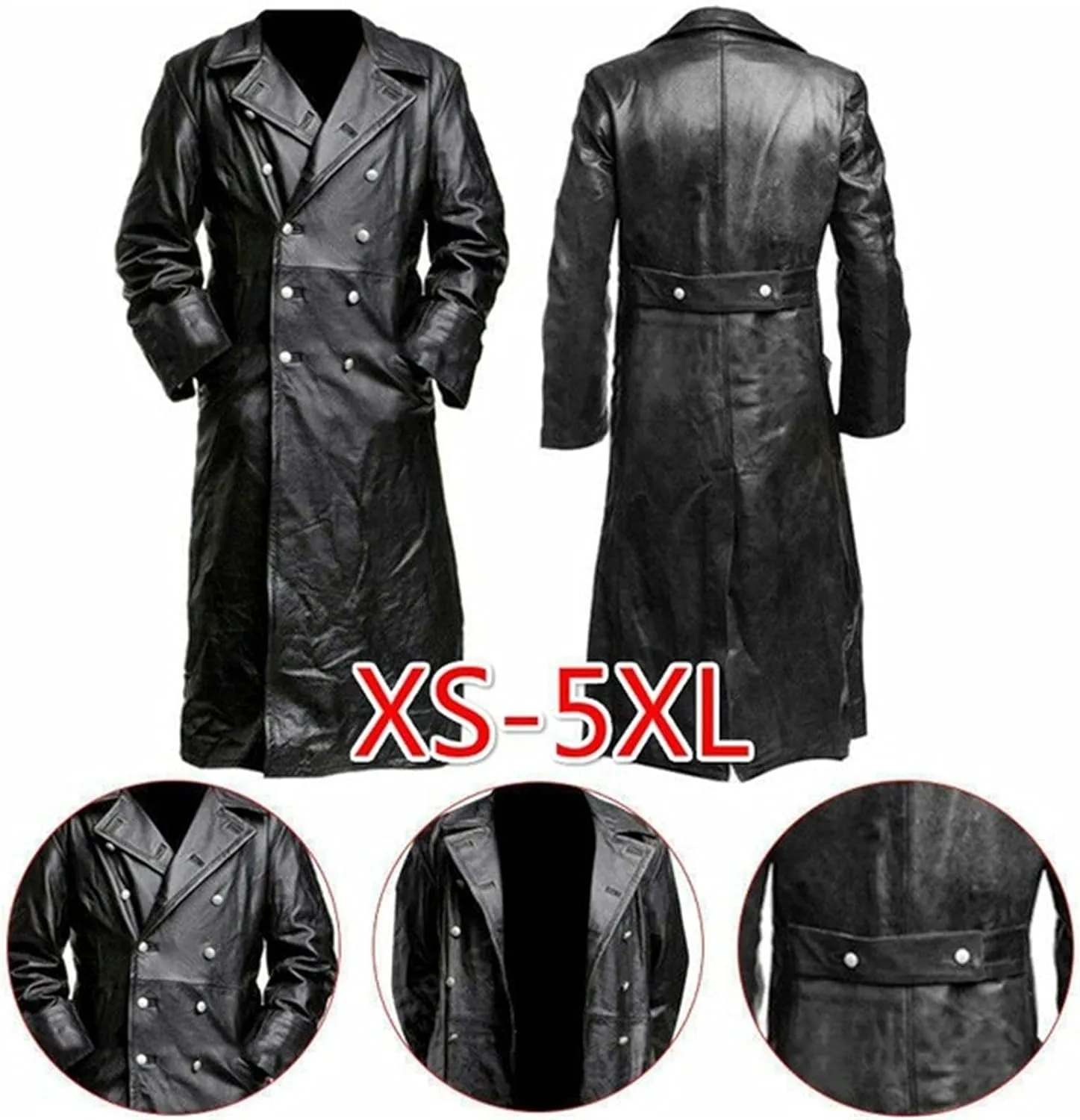 Mens Black Leather Jacket Coat Vintage German WW2 Officer Military Uniform Long Motorcycle Jakcet Trench Coat Jacket