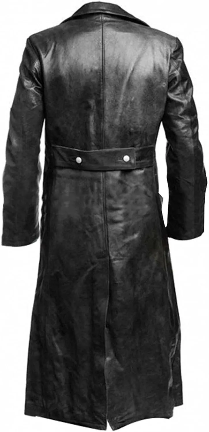 Mens Black Leather Jacket Coat Vintage German WW2 Officer Military Uniform Long Motorcycle Jakcet Trench Coat Jacket