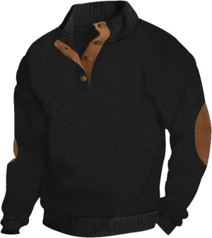 Mens Button Vintage Sweatshirt Corduroy Long Sleeve Stand Collar Loose Fit Pullover Solid Color Classic Sweater
