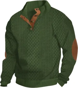 Mens Button Vintage Sweatshirt Corduroy Long Sleeve Stand Collar Loose Fit Pullover Solid Color Classic Sweater