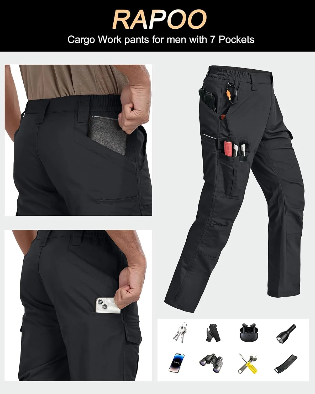 Mens Cargo Pants Ripstop Water Resistant Breathable Tactical Hiking Pants with 7 Pockets