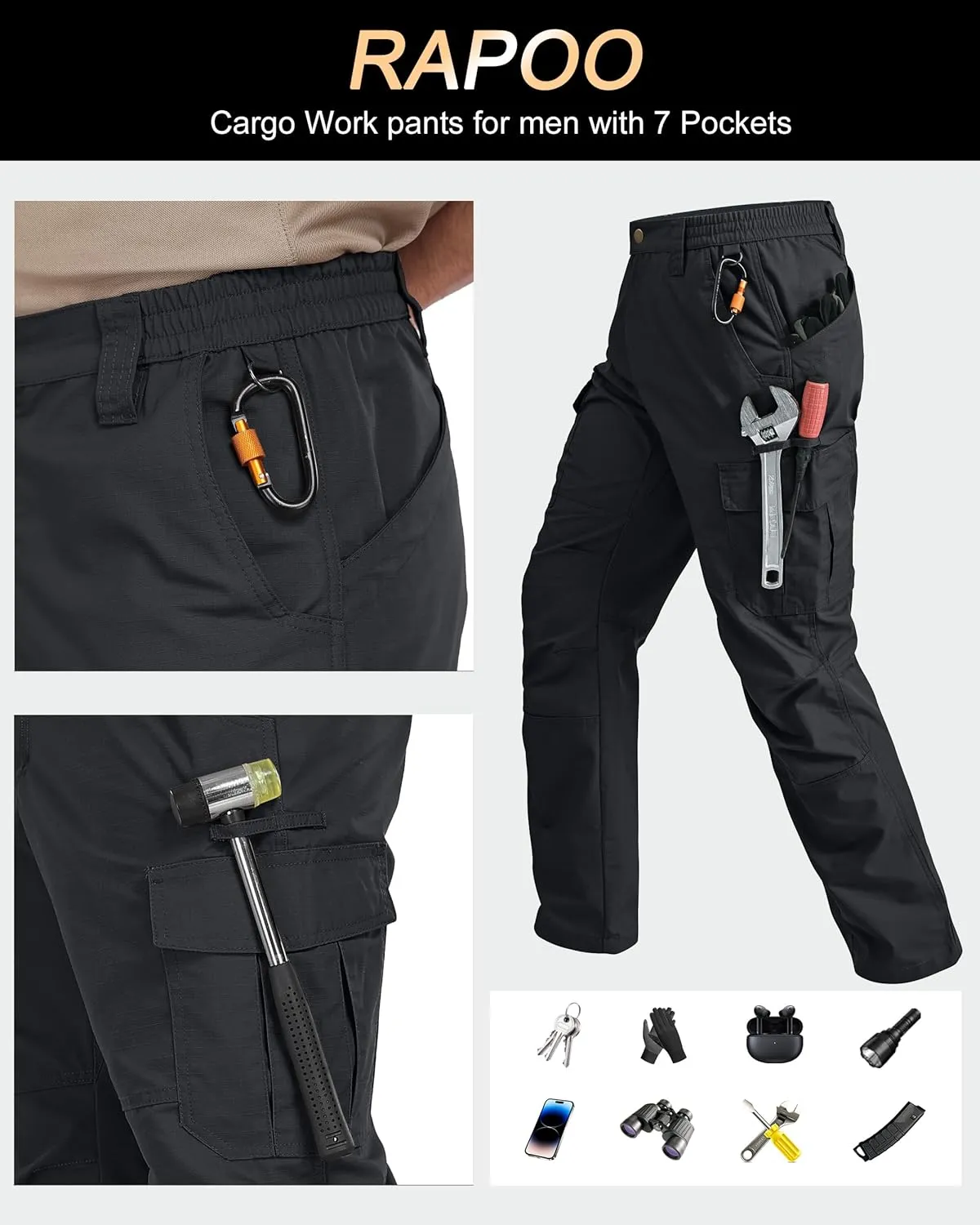Mens Cargo Pants Ripstop Water Resistant Breathable Tactical Hiking Pants with 7 Pockets