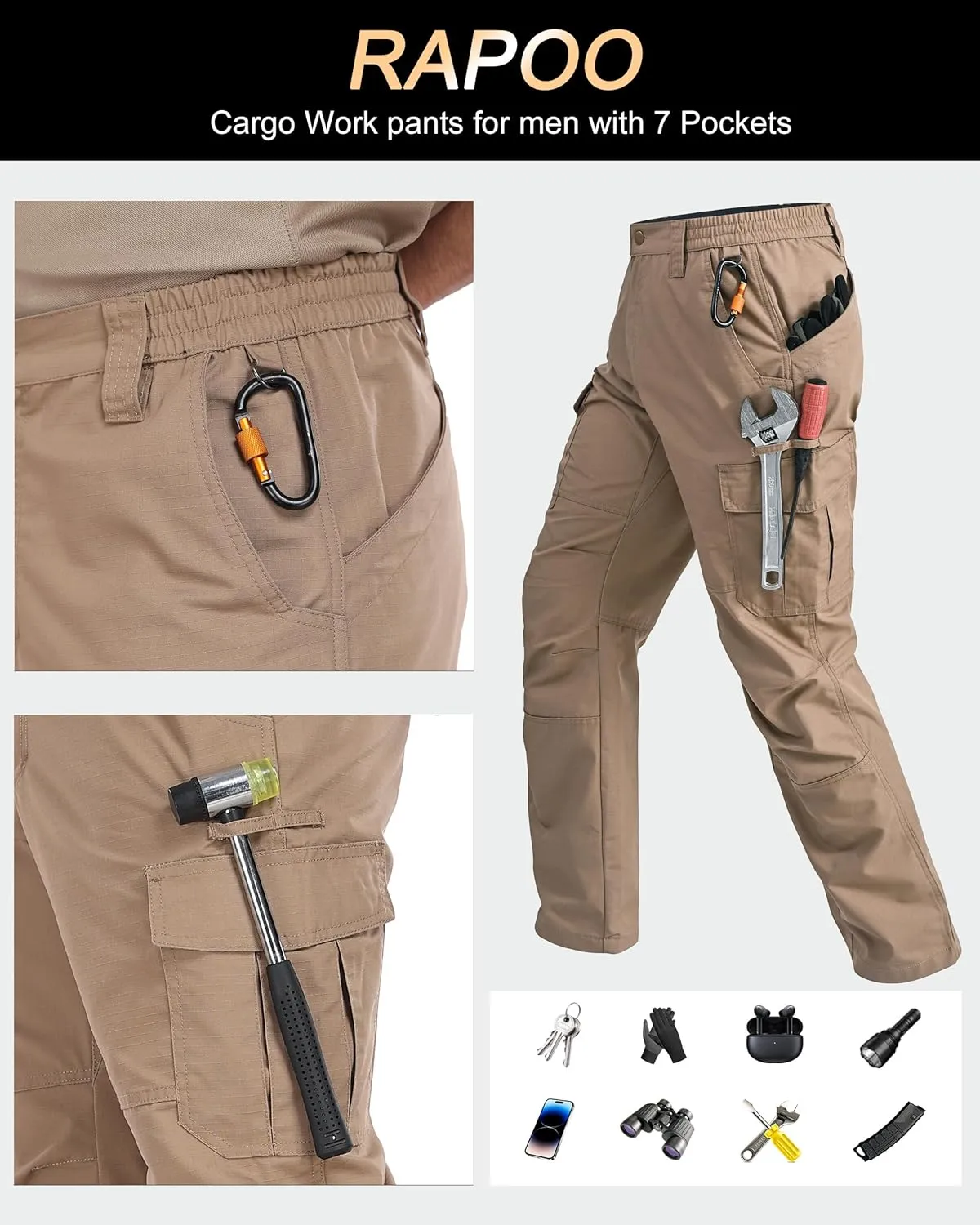 Mens Cargo Pants Ripstop Water Resistant Breathable Tactical Hiking Pants with 7 Pockets