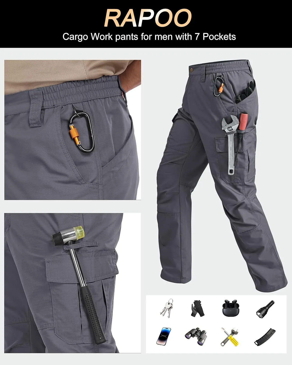 Mens Cargo Pants Ripstop Water Resistant Breathable Tactical Hiking Pants with 7 Pockets