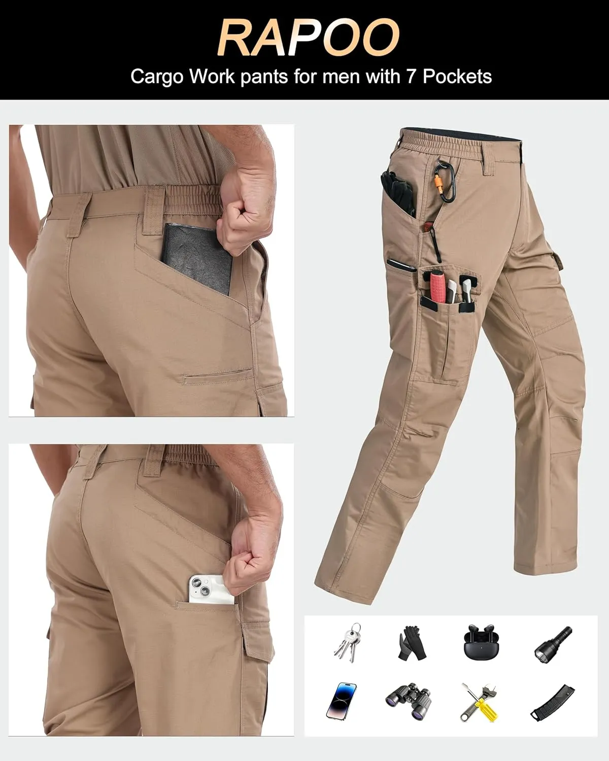 Mens Cargo Pants Ripstop Water Resistant Breathable Tactical Hiking Pants with 7 Pockets