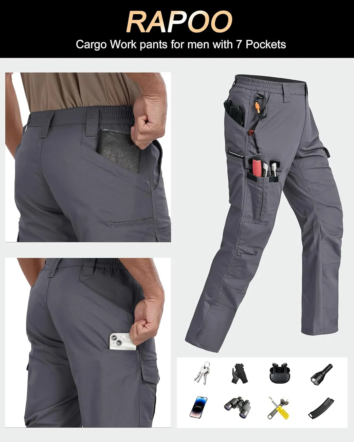 Mens Cargo Pants Ripstop Water Resistant Breathable Tactical Hiking Pants with 7 Pockets