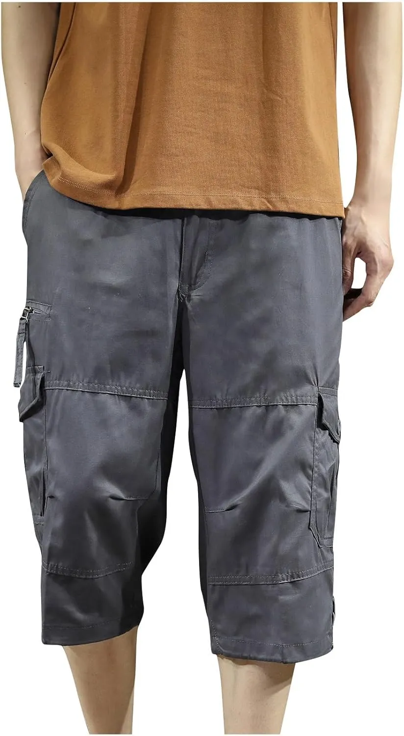 Mens Cargo Pants Straight Leg Capri Pants Lightweight Solid Color Work Pants Casual Multiple Pockets Hiking Sweatpants
