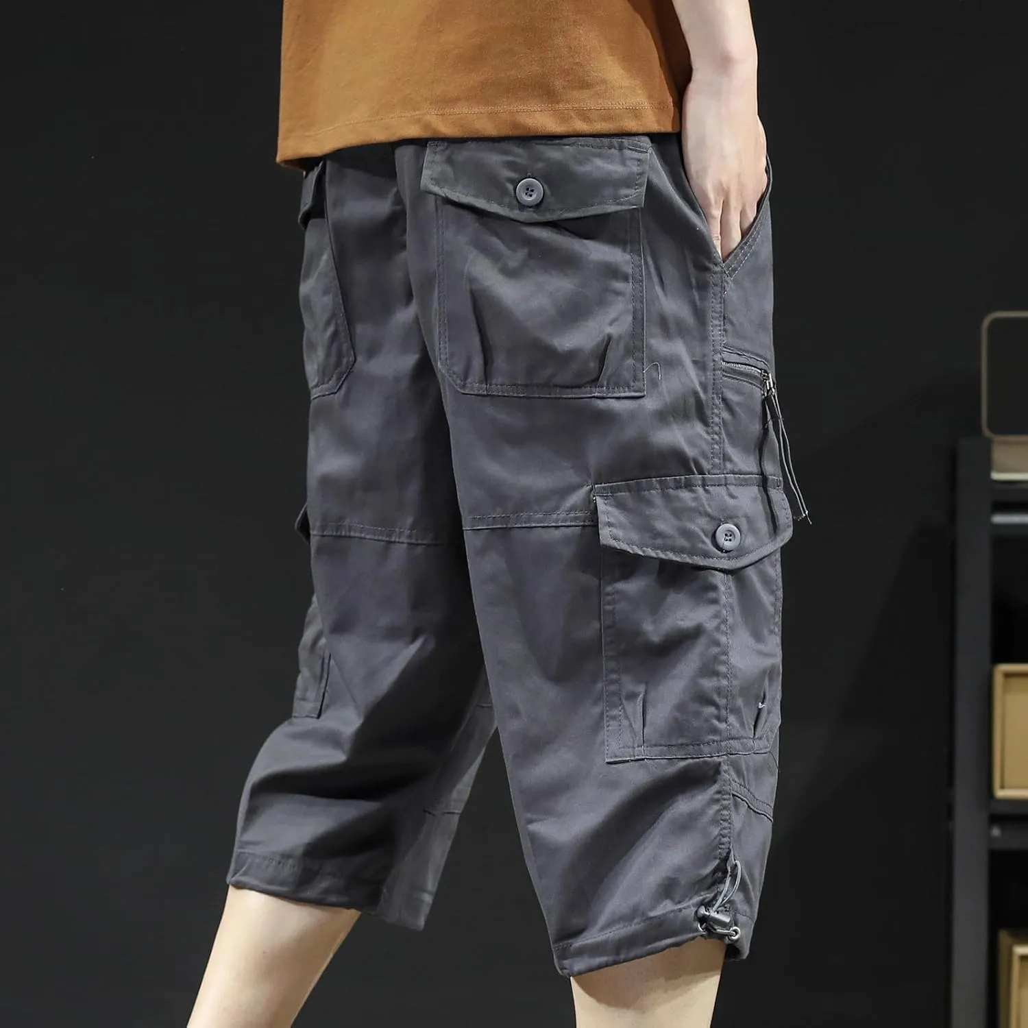Mens Cargo Pants Straight Leg Capri Pants Lightweight Solid Color Work Pants Casual Multiple Pockets Hiking Sweatpants