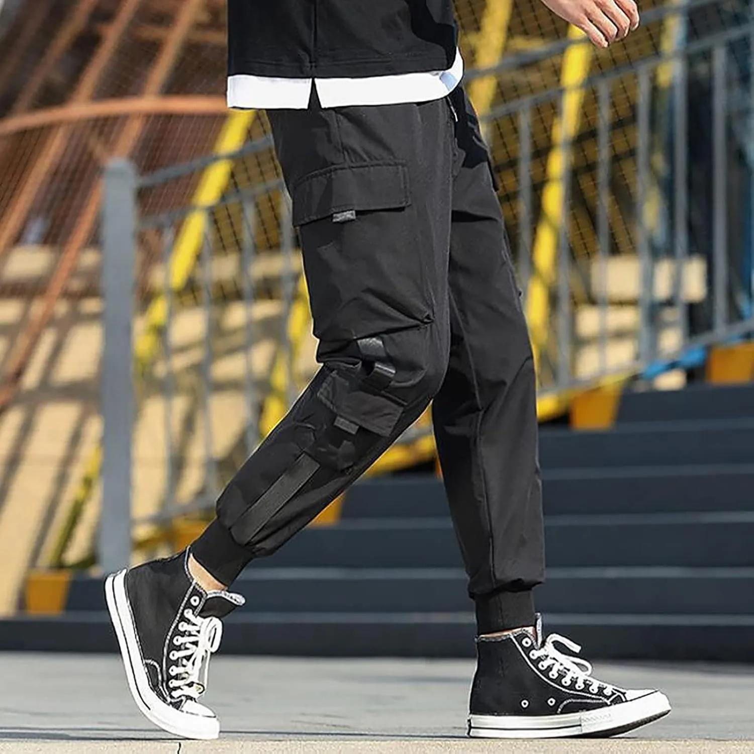 Men's Cargo Pants with Multi-Pockets Loose Straight Leg Mid Rise Drawstring Trousers Stylish Outdoor Vacation Pants
