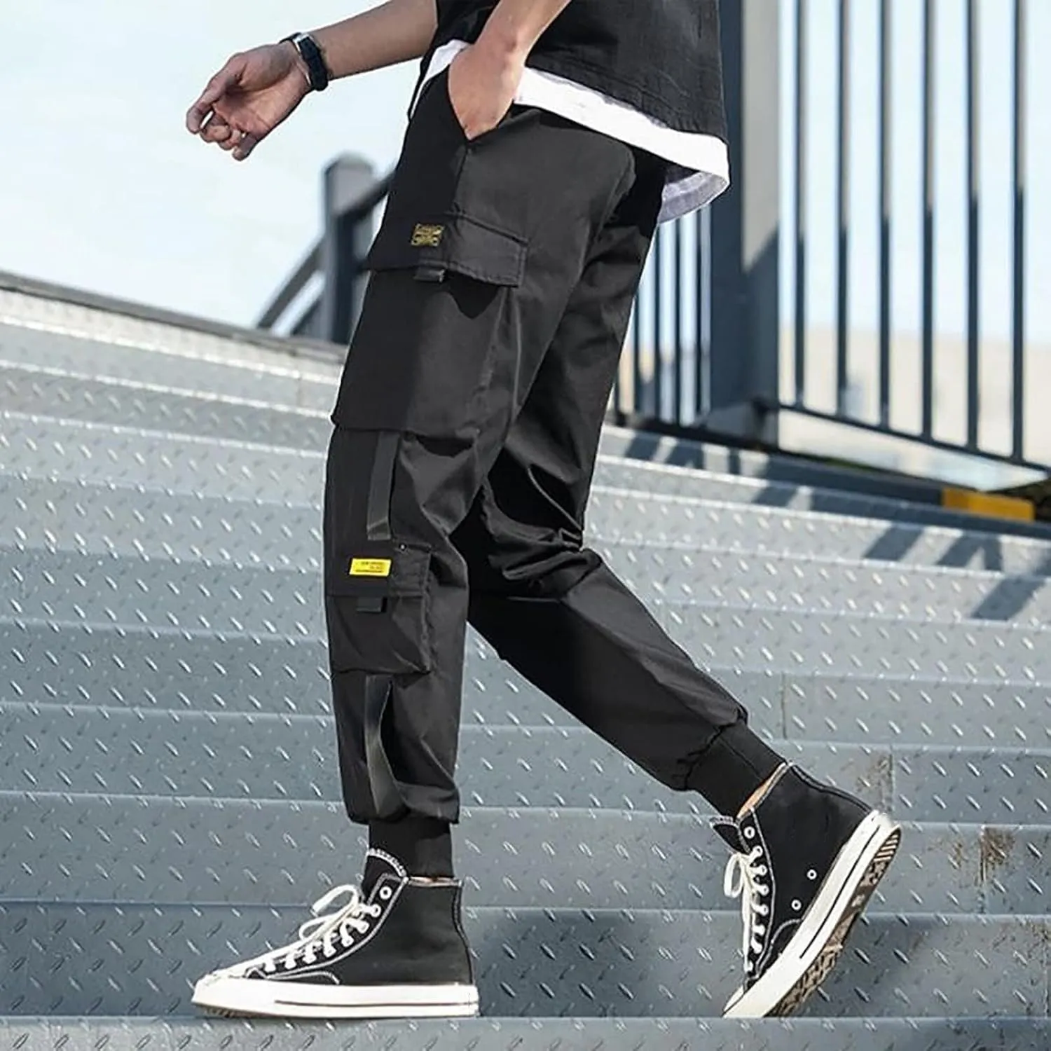 Men's Cargo Pants with Multi-Pockets Loose Straight Leg Mid Rise Drawstring Trousers Stylish Outdoor Vacation Pants