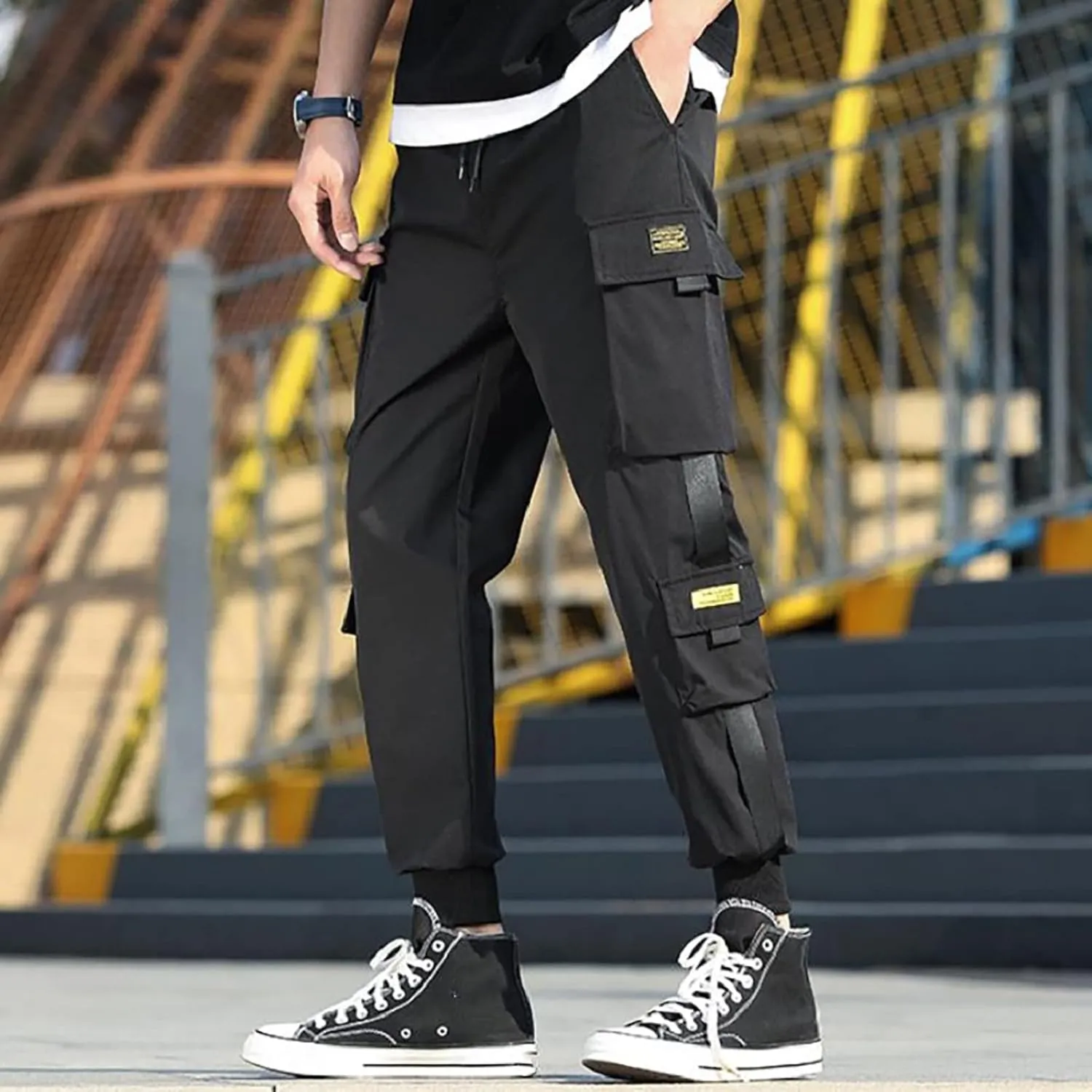 Men's Cargo Pants with Multi-Pockets Loose Straight Leg Mid Rise Drawstring Trousers Stylish Outdoor Vacation Pants