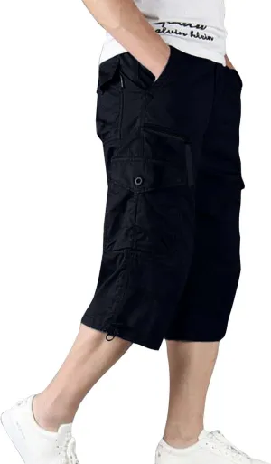 Men??s Cargo Shorts Casual Twill Elastic Below Knee Long Shorts Loose Fit Elastic Work Capri Shorts with Belt