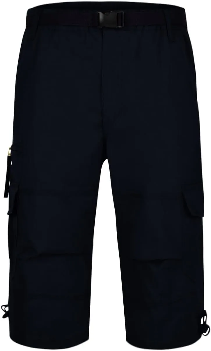 Men??s Cargo Shorts Casual Twill Elastic Below Knee Long Shorts Loose Fit Elastic Work Capri Shorts with Belt