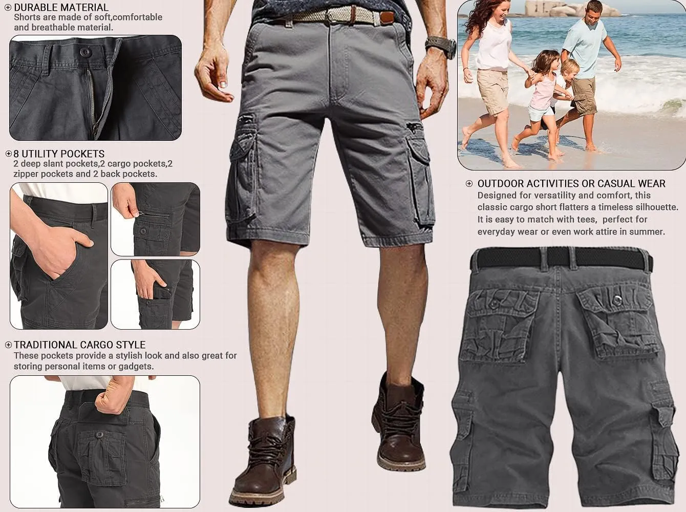 Mens Cargo Shorts Classic Fit Lightweight Ripstop Pants Hiking Outdoor Work Short Trousers with Multi Pocket