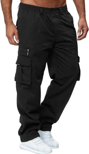 Men's Casual Cargo Pants Drawstring Elastic Waist Hiking Pants Workout Joggers Sweatpants Streetwear Trousers