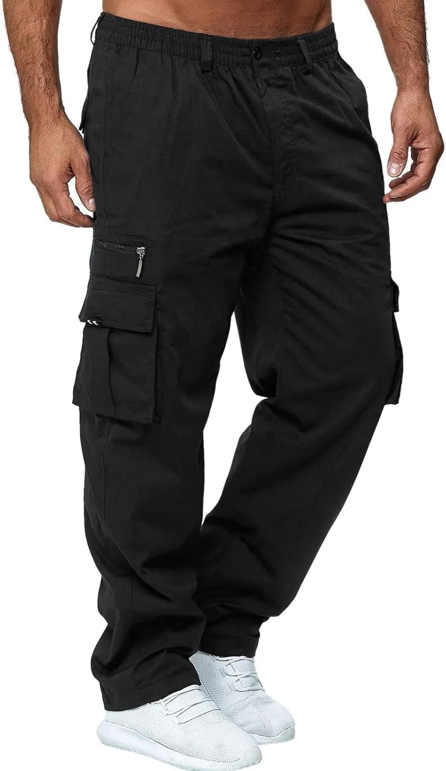 Men's Casual Cargo Pants Drawstring Elastic Waist Hiking Pants Workout Joggers Sweatpants Streetwear Trousers