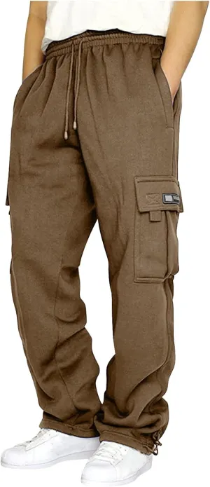 Men's Casual Cargo Pants, Rope Loosening Waist Tapered Stretch Twill Drawstring Trousers with Multiple Pockets