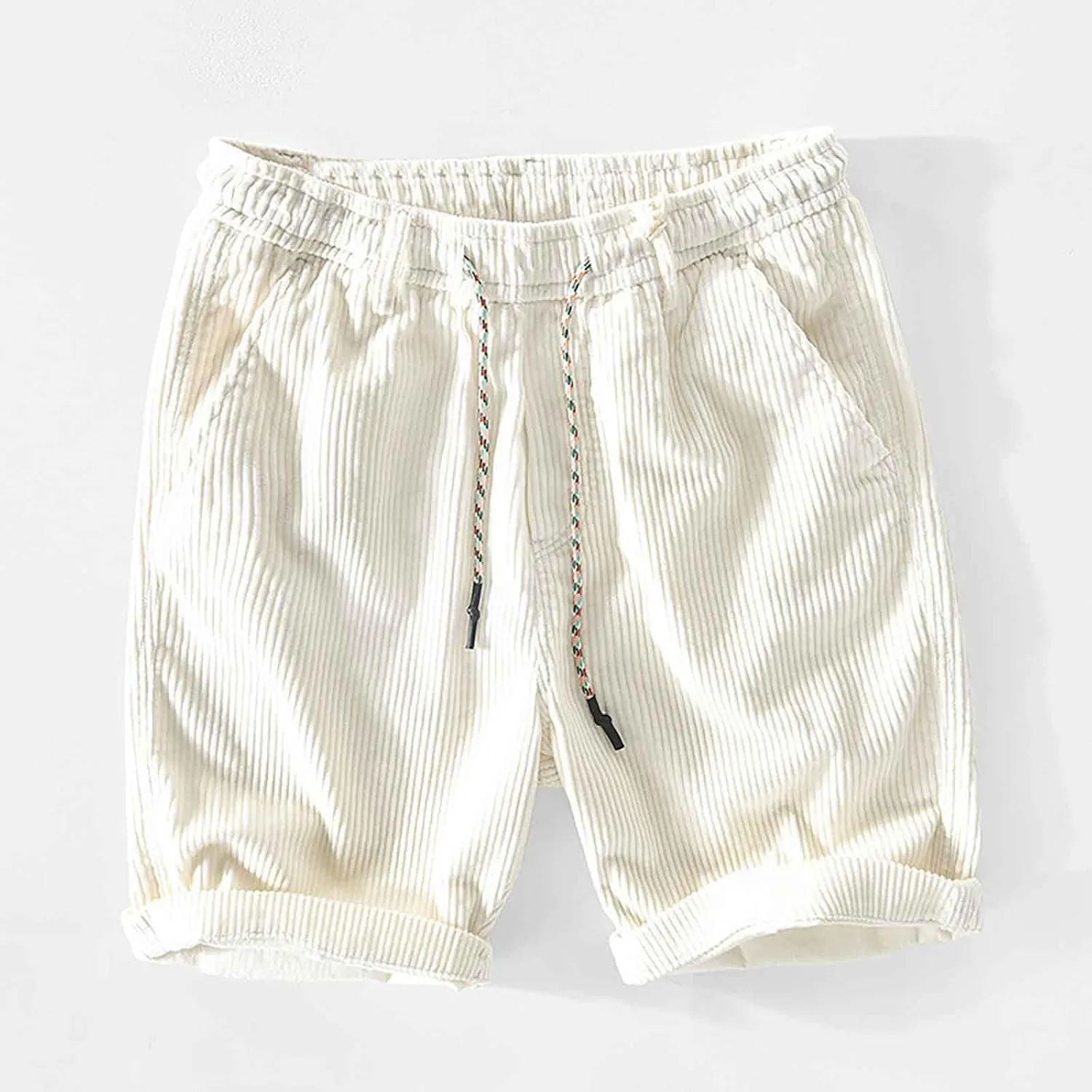 Men's Casual Corduroy Shorts Lightweight Elastic Waist Drawstring Trousers Summer Daily Wear Shorts Travel Pants