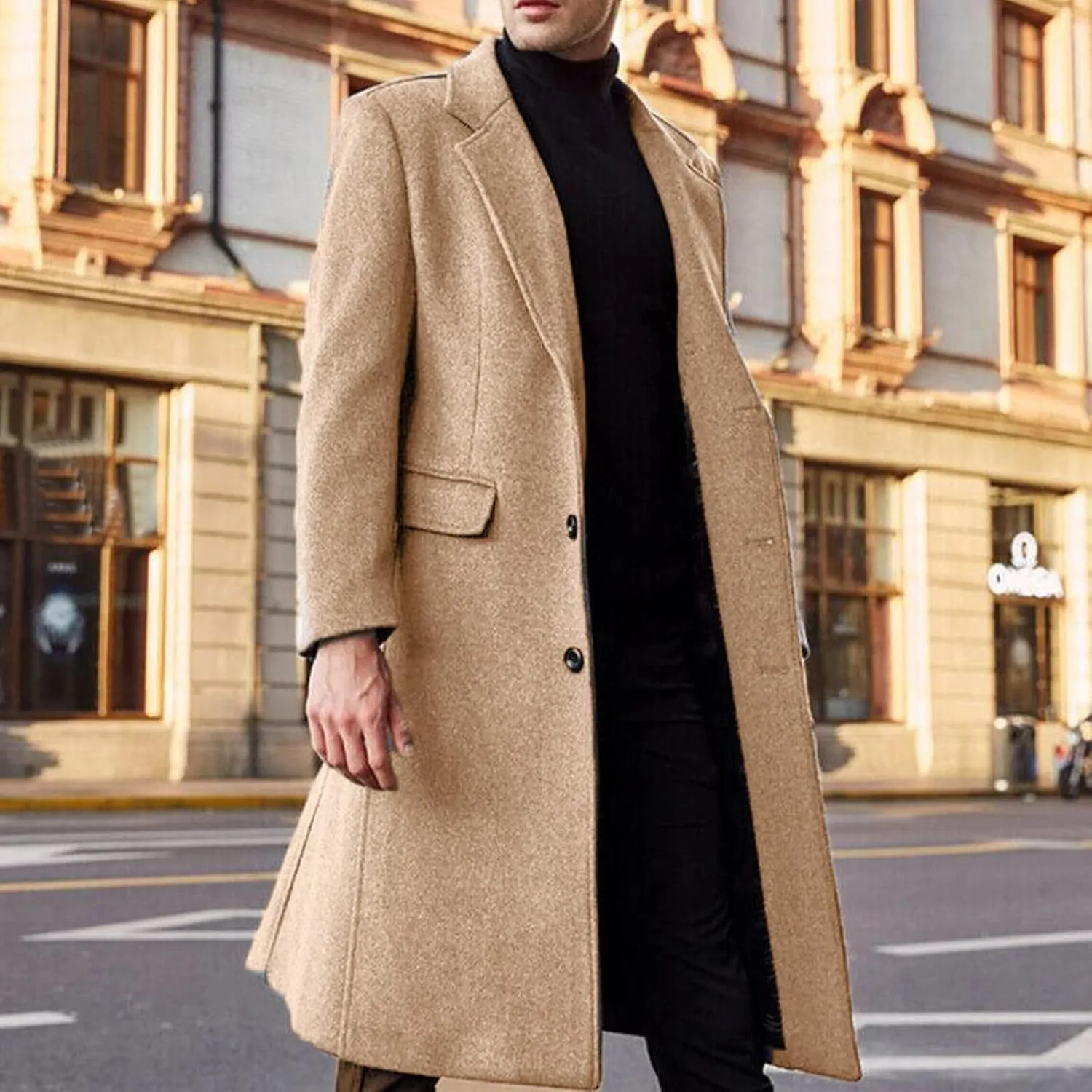 Men's Casual Trench Coat Slim Fit Notched Collar Long Jackets Overcoat Single Breasted Pea Coat Overcoats wih Pockets