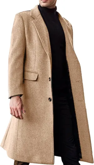 Men's Casual Trench Coat Slim Fit Notched Collar Long Jackets Overcoat Single Breasted Pea Coat Overcoats wih Pockets