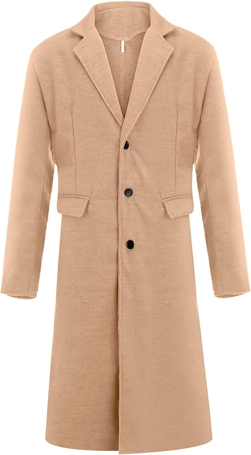 Men's Casual Trench Coat Slim Fit Notched Collar Long Jackets Overcoat Single Breasted Pea Coat Overcoats wih Pockets